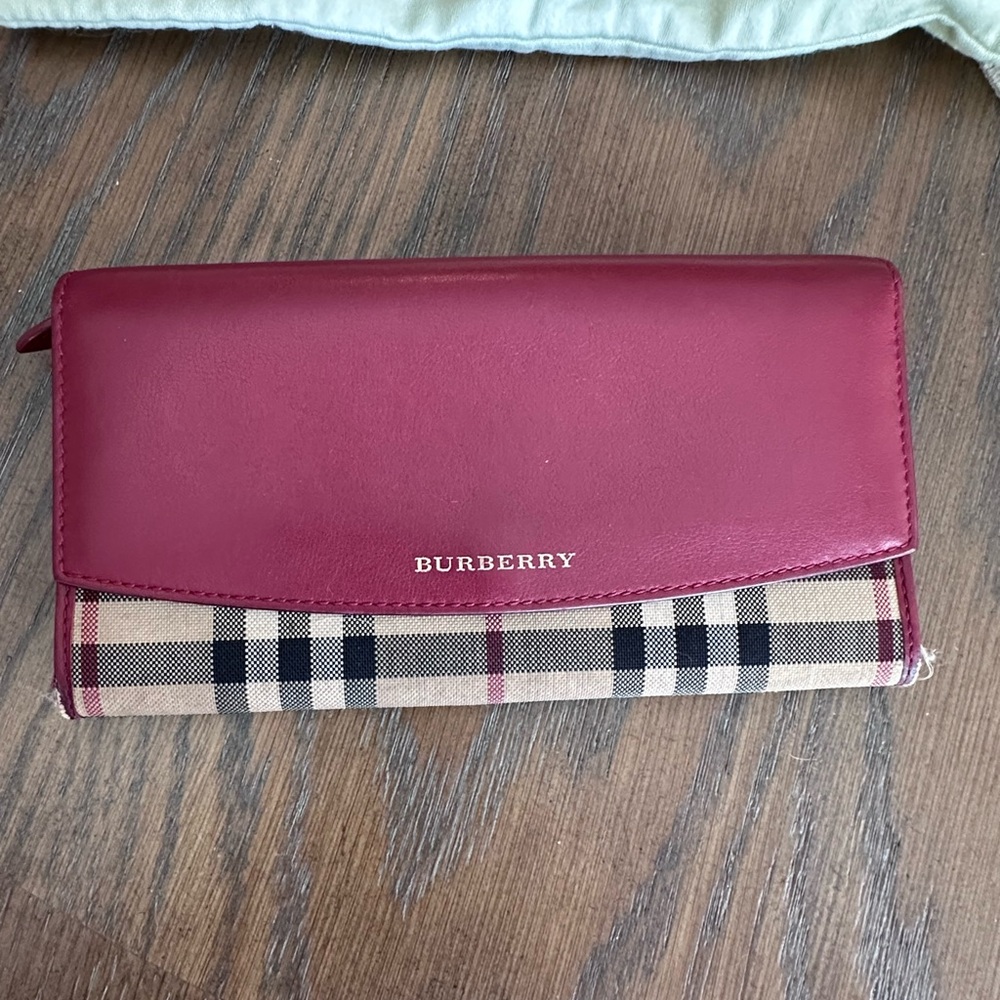 Burberry Burgundy and Beige Check Wallet